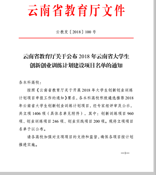 2018年云南省大学生创新创业训练计划建设项目立项文件